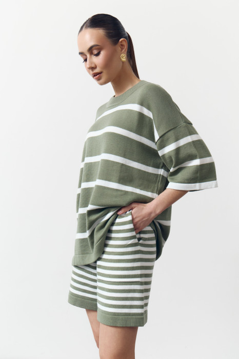 Жіночий костюм з шортами в смужку Soft Stripe Knit Set 430 в оливковому кольорі