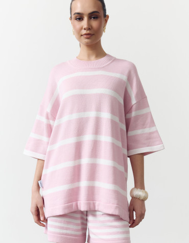 Жіночий рожевий костюм з шортами в смужку Soft Stripe Knit Set 430