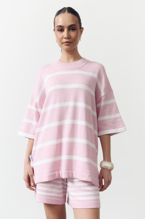 Жіночий рожевий костюм з шортами в смужку Soft Stripe Knit Set 430