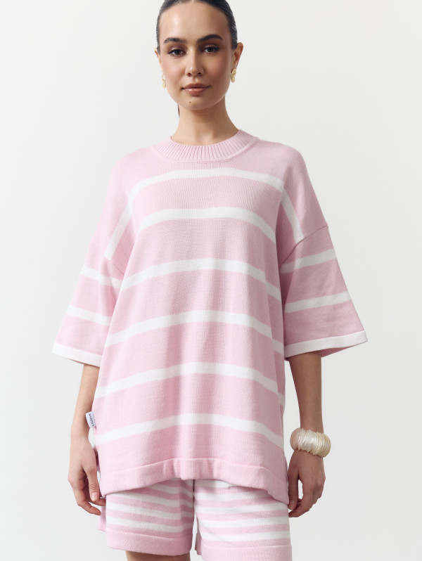 Розовый женский костюм с шортами в полоску Soft Stripe Knit Set 430