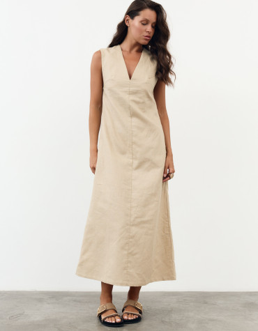 Льняное платье меди с вырезом и карманами Linen Muse Dress 434