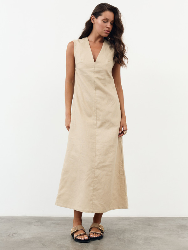 Льняное платье меди с вырезом и карманами Linen Muse Dress 434