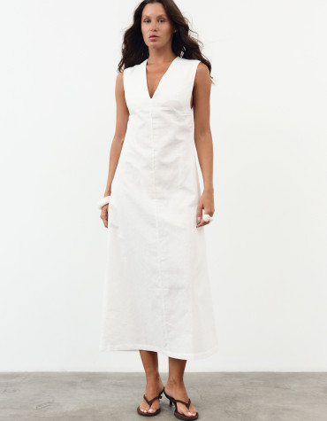Белое льняное платье меди с вырезом Linen Muse Dress 434