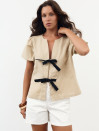 Женская льняная блуза в бежевом цвете Linen Bow Blouse 435