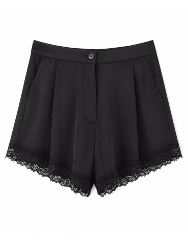 Черные женские сатиновые шорты с гипюром Satin Lace Shorts 452