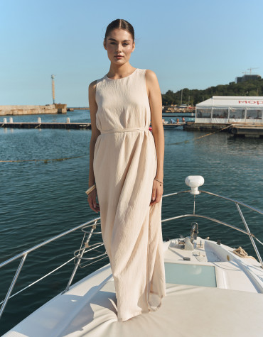 Бежева лляна сукня міді з поясом Linen Grace Dress 450