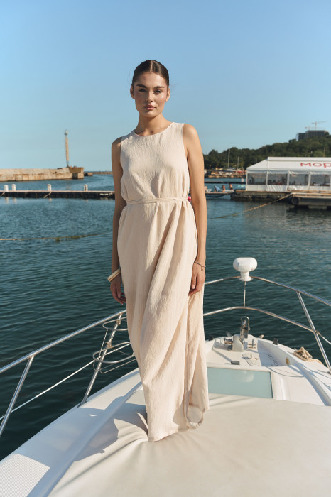 Бежева лляна сукня міді з поясом Linen Grace Dress 450