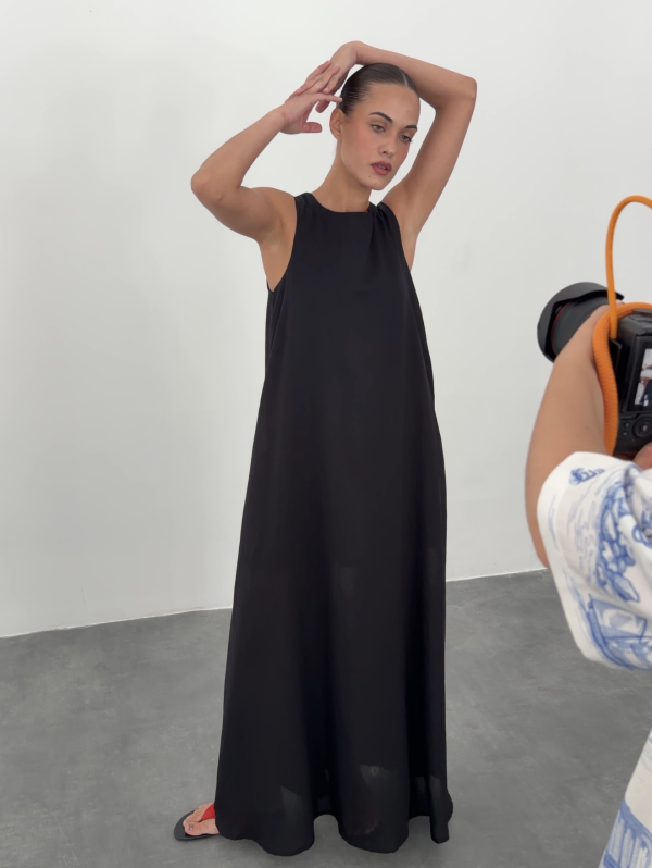 Черное льняное платье макси свободного кроя Linen Flow Dress 450