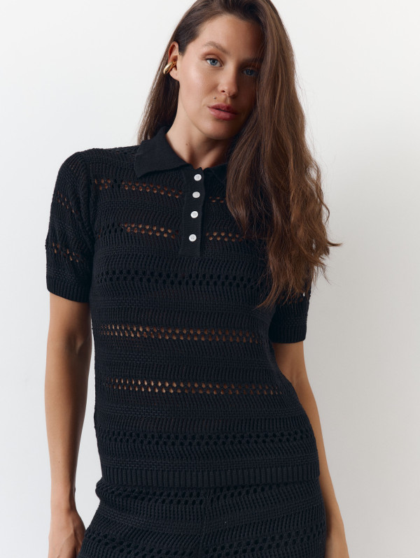 Черная женская футболка поло из вязаного трикотажа 445 Santorini Knit Polo