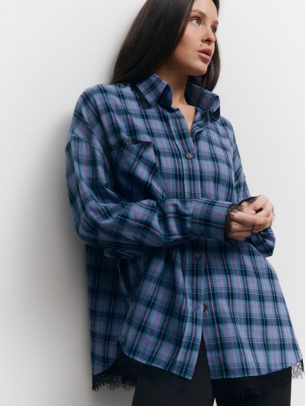 Картата бузкова сорочка з гіпюром 408 Lace Flannel