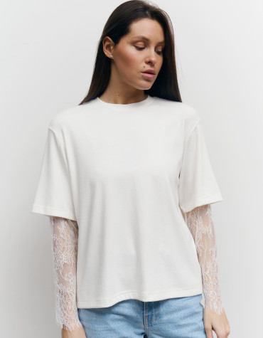 Білий лонг з гіпюровими рукавами 414 Lace Touch