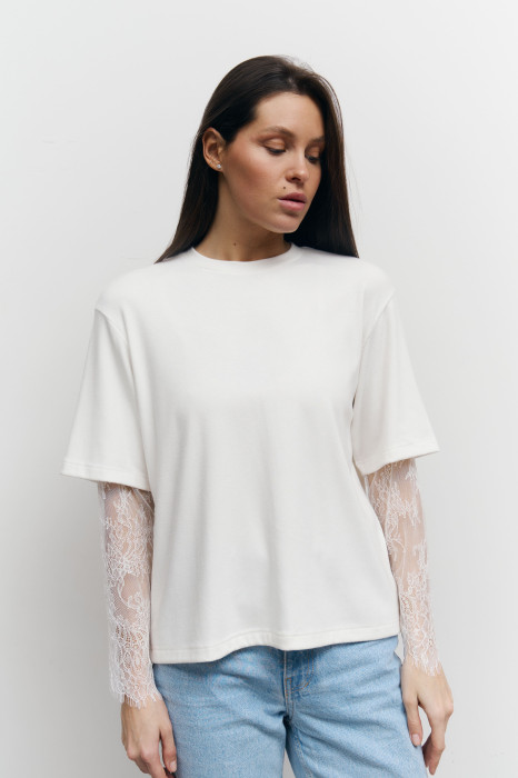 Белый лонг с гипюровыми рукавами 414 Lace Touch