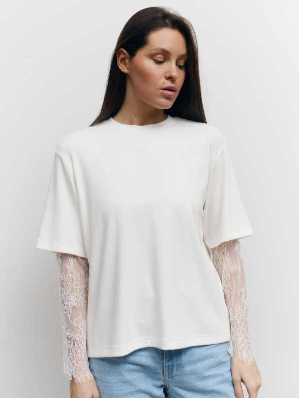 Білий лонг з гіпюровими рукавами 414 Lace Touch