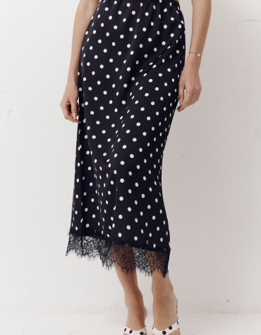 Чорна спідниця в горох з атлас-сатину Skirt Grace 412 декорована гіпюром