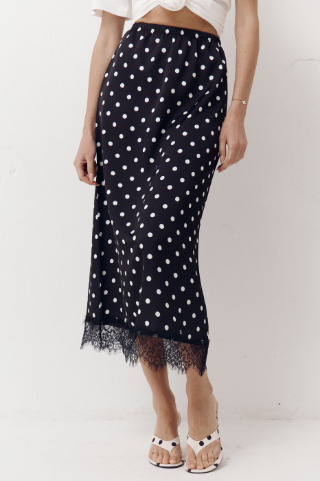 Чорна спідниця в горох з атлас-сатину Skirt Grace 412 декорована гіпюром