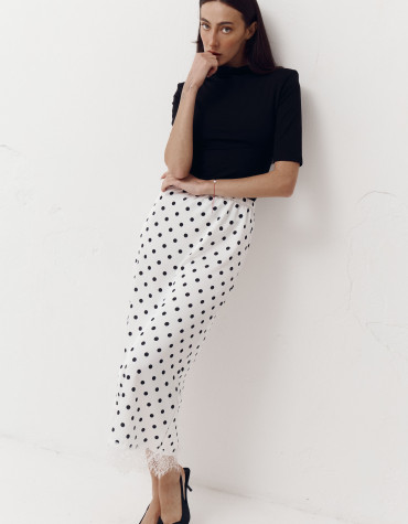 Біла спідниця в горох з атлас-сатину декорована гіпюром Skirt Grace 412 