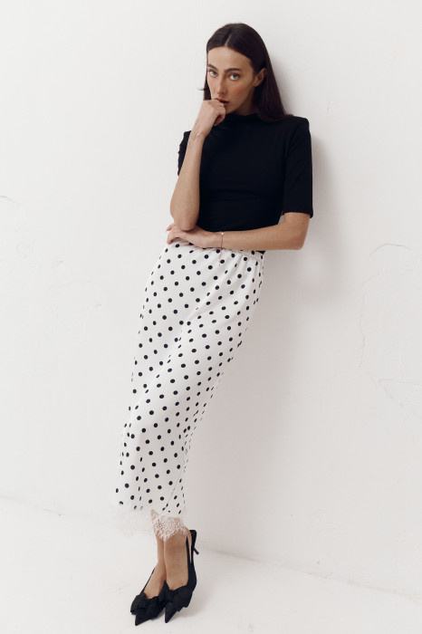 Біла спідниця в горох з атлас-сатину декорована гіпюром Skirt Grace 412 