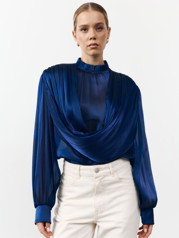 Блуза 458 Tencel Drape из тенсела в синем цвете Блуза 458 Tencel Drape из тенсела в синем цвете